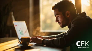 Um homem senta-se em uma mesa sob a luz do sol, concentrado em um laptop que exibe gráficos e tabelas. A imagem apresenta o texto "CFK CRISFRANKLIN" no canto inferior direito.