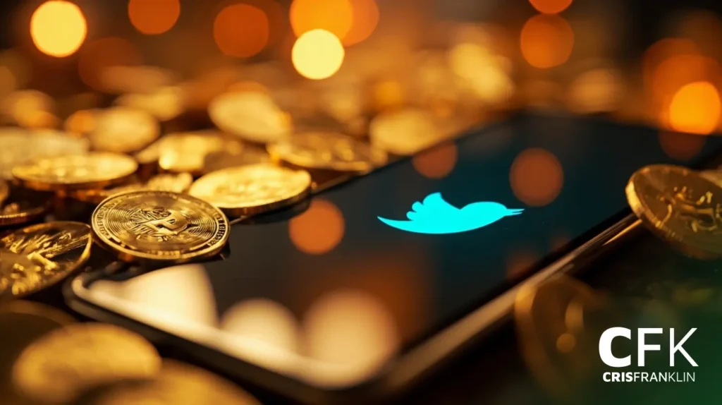 Um smartphone exibindo o logotipo do Twitter está cercado por moedas de ouro; a imagem é marcada com o texto "CFK CRIS FRANKLIN" no canto.