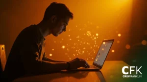Uma pessoa digita em um laptop em uma sala pouco iluminada com ícones de rede digital flutuando acima do teclado. O logotipo da CFK CRISFRANKLIN aparece no canto.