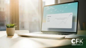 Um laptop exibindo um gráfico de dados e uma caixa de diálogo "New Post" fica em uma mesa ao lado de um pequeno vaso de plantas em uma sala bem iluminada. O logotipo "CFK Cris Franklin" está visível.