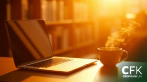 Um laptop e uma xícara de café fumegante sobre uma escrivaninha sob a luz quente do sol, com estantes de livros no fundo desfocado. O logotipo da CFK CrisFranklin aparece no canto inferior direito.