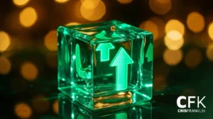 Um cubo de vidro com setas verdes brilhantes para cima em seu interior, em um fundo desfocado de luzes amarelas quentes. O logotipo da CFK CRISFRANKLIN aparece no canto inferior direito.