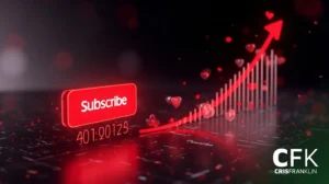 Um botão vermelho "Subscribe" (Assinar) e a contagem de assinantes aparecem ao lado de um gráfico crescente com ícones de coração, representando o crescimento do envolvimento digital. O logotipo da CFK Cris Franklin está no canto inferior direito.