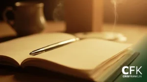 Uma caneta repousa sobre um caderno aberto com uma xícara ao fundo, suavemente iluminada por uma luz quente; o texto "CFK CRIS FRANKLIN" aparece no canto inferior direito.