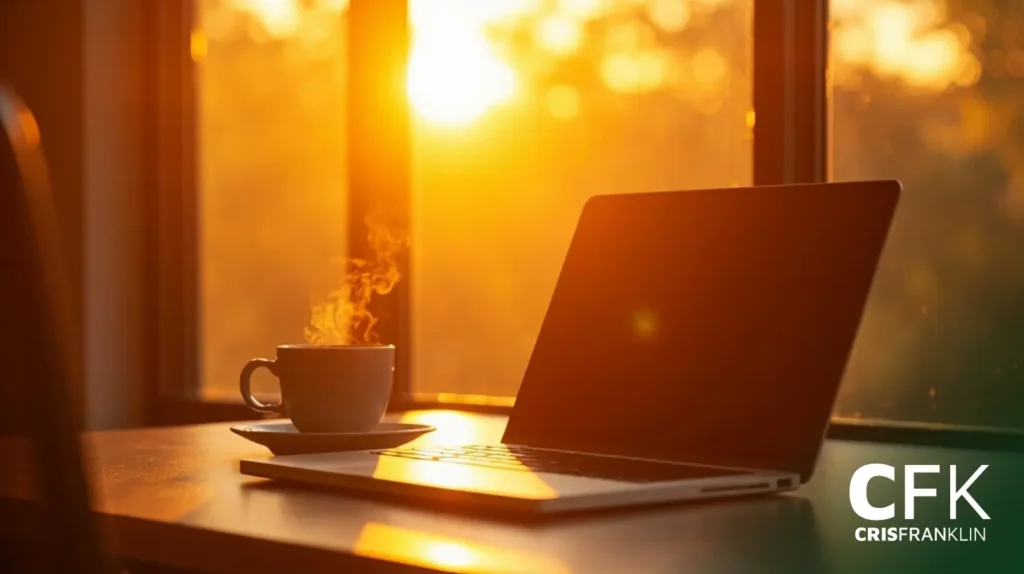 Uma xícara de café fumegante está ao lado de um laptop aberto em uma mesa, com a luz do sol quente passando por grandes janelas ao fundo.