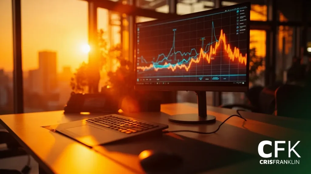 Um monitor de computador exibe um gráfico com linhas ascendentes e descendentes, colocado sobre uma mesa em um escritório ao pôr do sol. O logotipo "CFK CRISFRANKLIN" aparece no canto.