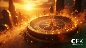 Uma bússola brilhante cercada de brilhos com o horizonte de uma cidade e um pôr do sol brilhante ao fundo; logotipo da CFK CRISFRANKLIN no canto.