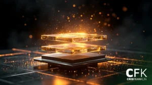 Duas camadas quadradas transparentes e brilhantes estão suspensas acima de uma base preta, cercadas por faíscas e um padrão de grade. A imagem apresenta o logotipo "CFK" de Cris Franklin no canto inferior direito.