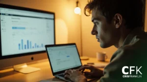 Uma pessoa trabalha em uma mesa com um laptop e um monitor grande que exibe gráficos e dados, em uma sala pouco iluminada. O logotipo "CFK CRISFRANKLIN" está visível em primeiro plano.