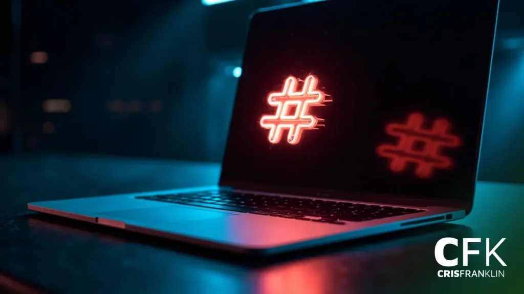 Um laptop com um símbolo de hashtag vermelho brilhante exibido em sua tela, colocado em uma superfície escura com um fundo desfocado.
