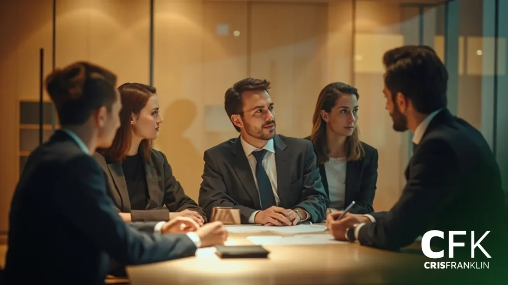 Cinco profissionais de negócios em ternos sentam-se em torno de uma mesa de conferência, envolvidos em uma discussão séria em um ambiente de escritório moderno. O logotipo da CFK CRISFRANKLIN está visível no canto.