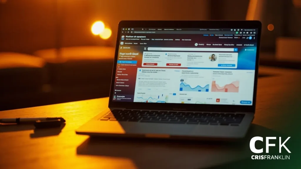 Um laptop em uma mesa de madeira exibe um site com análises e gráficos; uma caneta está próxima, com uma iluminação quente ao fundo e o logotipo da CFK CRISFRANKLIN no canto.