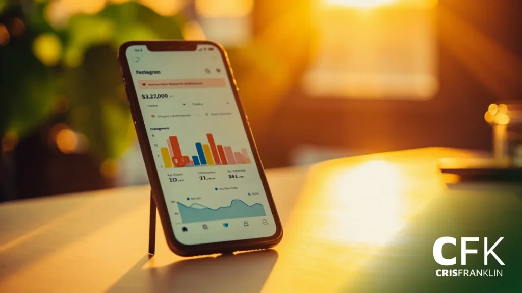 Um smartphone exibindo um aplicativo de análise financeira com gráficos em uma mesa, iluminado por luz solar quente. O logotipo "CFK Cris Franklin" está visível no canto inferior direito.