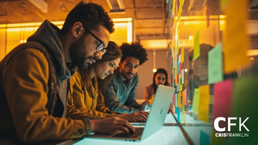 Quatro pessoas trabalham juntas em uma mesa com laptops e notas adesivas coloridas em uma parede de vidro em um escritório moderno e bem iluminado. O logotipo da CFK Cris Franklin aparece no canto inferior direito.