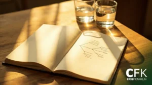 Um caderno aberto com um diagrama está sobre uma mesa de madeira ao lado de dois copos de água; a luz do sol projeta sombras sobre a cena.