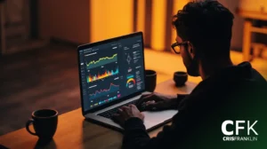 Uma pessoa sentada em uma mesa usando um laptop que exibe painéis coloridos de análise de dados, com duas canecas próximas e uma iluminação quente ao fundo.