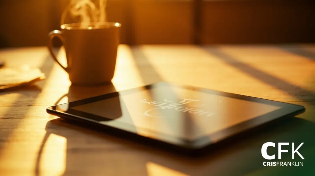 Um tablet e uma caneca fumegante estão sobre uma mesa de madeira sob a luz quente do sol. O canto mostra as iniciais CFK com o nome Cris Franklin embaixo.