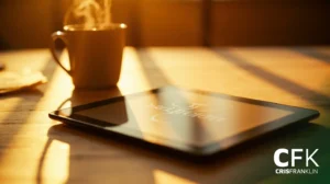 Um tablet e uma caneca fumegante estão sobre uma mesa de madeira sob a luz quente do sol. O canto mostra as iniciais CFK com o nome Cris Franklin embaixo.