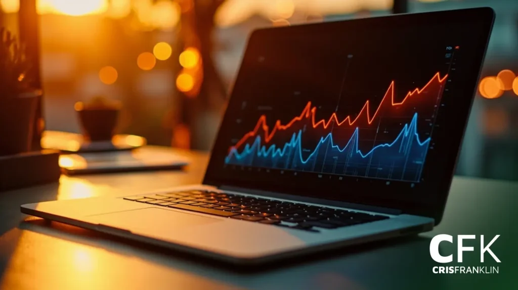 Um laptop em uma mesa exibe um gráfico financeiro com linhas vermelhas e azuis em um fundo desfocado e iluminado pelo sol; o logotipo da CFK Cris Franklin está visível.