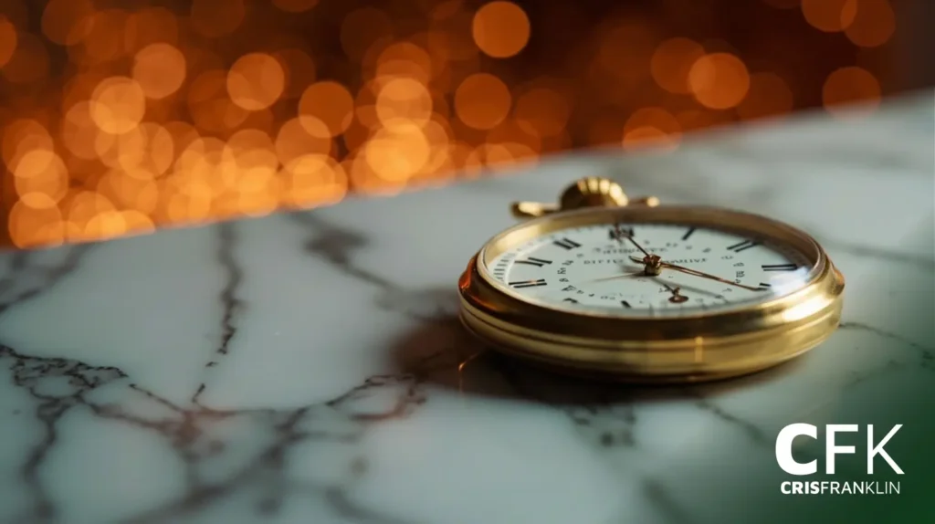 Um relógio de bolso dourado com mostrador branco repousa sobre uma superfície de mármore, com luzes bokeh laranja quentes no fundo desfocado.