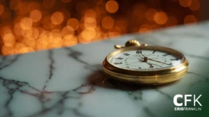 Um relógio de bolso dourado com mostrador branco repousa sobre uma superfície de mármore, com luzes bokeh laranja quentes no fundo desfocado.