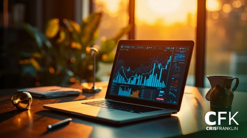 Um laptop exibe tabelas e gráficos financeiros em uma mesa perto de uma janela com a luz do sol entrando; uma xícara e itens decorativos também estão sobre a mesa.