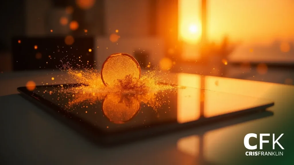 Uma fatia de laranja impacta uma superfície preta reflexiva, enviando partículas douradas que voam, iluminadas por um pôr do sol quente através de uma janela.