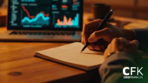 Uma pessoa escreve em um caderno em uma mesa com um laptop exibindo gráficos financeiros ao fundo. O logotipo "CFK CRISFRANKLIN" está visível no canto.