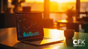 Um laptop que exibe gráficos e tabelas financeiras fica em uma mesa ao lado de uma xícara de café, com a luz do sol entrando pelas grandes janelas.