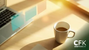 Uma caneca de café branca está sobre uma mesa de madeira perto de um laptop, com a luz do sol entrando suavemente. O logotipo da CFK CRISFRANKLIN está visível no canto inferior direito.