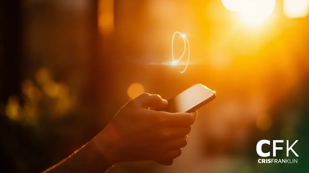 Uma pessoa segura e usa um smartphone ao ar livre com a luz do sol e um efeito de redemoinho brilhante acima do dispositivo; CFK e CRISFRANKLIN são visíveis no canto.
