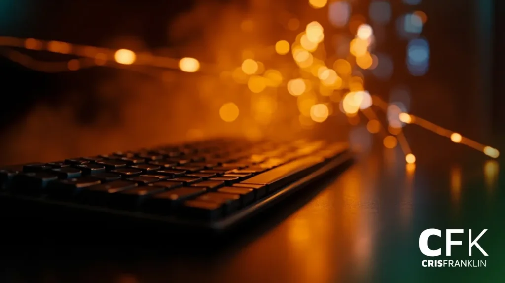 Um teclado de computador em uma superfície escura com luzes de fada laranja quentes ao fundo; logotipo "CFK CRISFRANKLIN" no canto inferior direito.