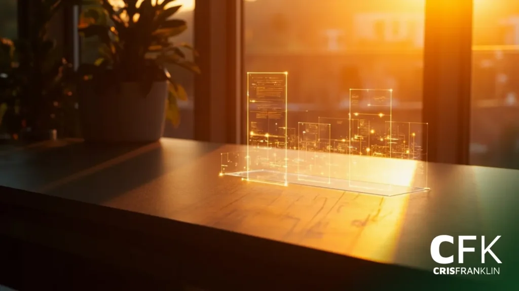 Um gráfico digital com barras e textos brilhantes e transparentes flutua sobre uma mesa iluminada pelo sol perto de uma janela, com plantas e o logotipo da CFK CRISFRANKLIN visíveis.