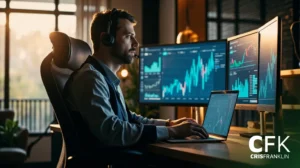 Um homem usando um fone de ouvido trabalha em uma mesa com vários monitores que exibem gráficos e tabelas financeiras em um escritório. O logotipo "CFK Cris Franklin" está visível no canto.