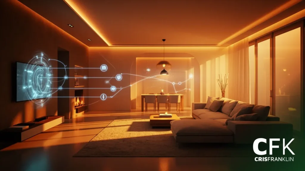 Uma sala de estar moderna com gráficos de interface digital de casa inteligente projetados a partir de uma TV, exibindo ícones de tecnologia conectada, ao pôr do sol.