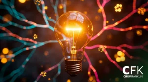 Uma lâmpada acesa está centralizada em um fundo desfocado de linhas coloridas e ramificadas e partículas brilhantes. As letras "CFK" e "Cris Franklin" aparecem no canto inferior direito.