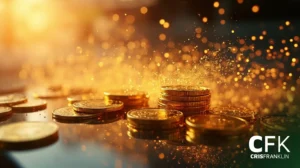 Pilhas de moedas de ouro e moedas espalhadas em uma superfície refletora com faíscas douradas ao fundo; logotipo CFK Cris Franklin no canto inferior direito.