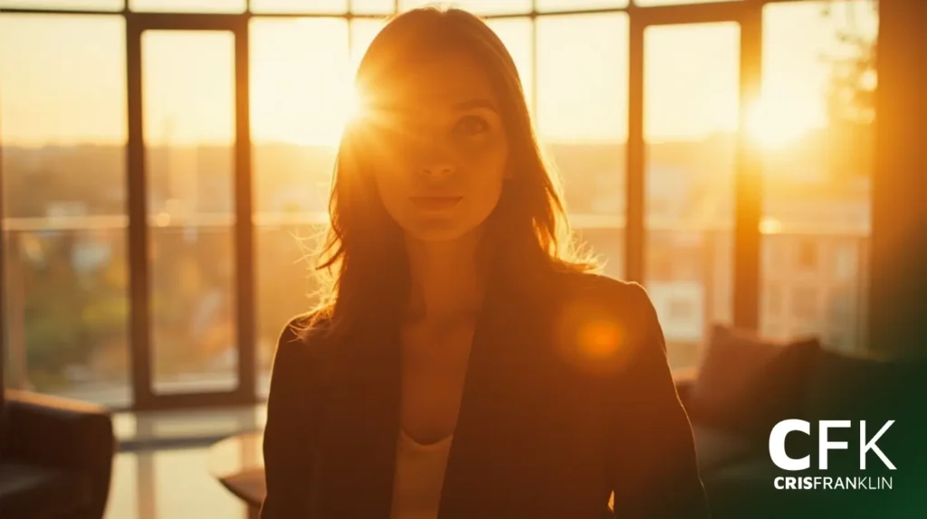 Uma mulher em pé em um ambiente interno próximo a grandes janelas com a luz do sol brilhando atrás dela; o logotipo "CFK CRISFRANKLIN" aparece no canto inferior direito.