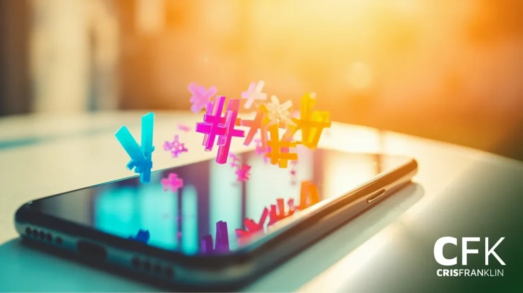 Símbolos coloridos de moeda e hashtag em 3D parecem flutuar acima de um smartphone em uma mesa, com luz solar intensa ao fundo e o logotipo "CFK Cris Franklin" no canto.