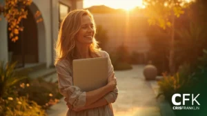 Mulher em pé ao ar livre ao pôr do sol, sorrindo e segurando um laptop fechado, com um jardim e uma casa ao fundo. O logotipo da CFK Cris Franklin está visível no canto.