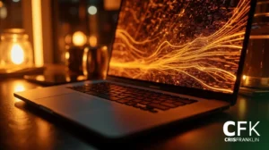 Um laptop em uma mesa escura exibe um padrão abstrato de luz laranja e amarela em sua tela, com iluminação ambiente quente ao fundo. O logotipo "CFK CRISFRANKLIN" está visível.