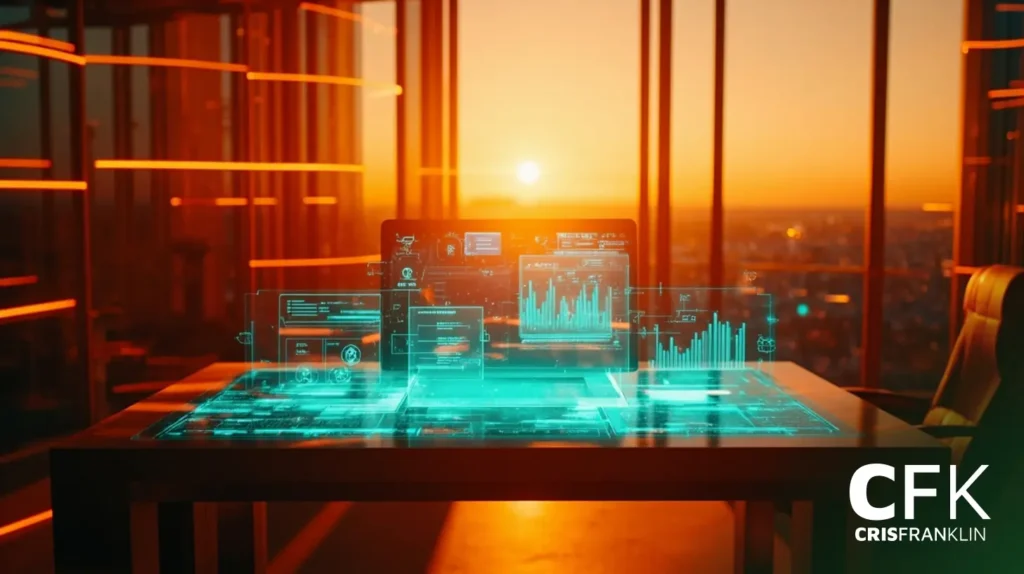 Uma interface digital com gráficos e quadros de dados aparece acima de uma mesa em um escritório em um arranha-céu ao pôr do sol. O logotipo da CFK CrisFranklin está visível no canto.