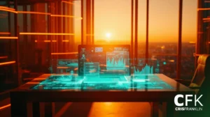 Uma interface digital com gráficos e quadros de dados aparece acima de uma mesa em um escritório em um arranha-céu ao pôr do sol. O logotipo da CFK CrisFranklin está visível no canto.