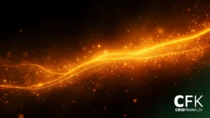 Uma onda laranja brilhante de luz e partículas em um fundo escuro, com o texto "CFK CRIS FRANKLIN" no canto inferior direito.