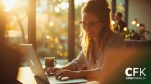 Uma mulher usando óculos sorri enquanto digita em um laptop em uma mesa iluminada pelo sol com uma caneca de café ao seu lado. As letras "CFK CRISFRANKLIN" aparecem no canto inferior direito.