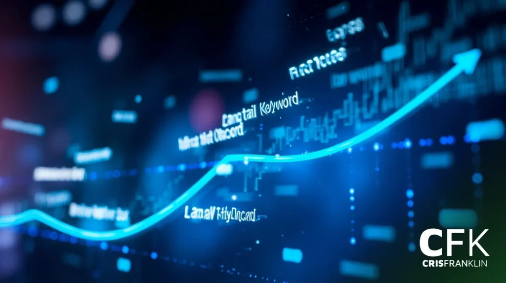 Um gráfico digital com uma linha azul de tendência ascendente, pontos de dados e palavras-chave em um fundo escuro. A marca CFK CrisFranklin está visível no canto inferior direito.