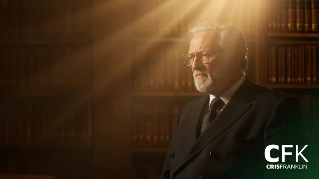 Um homem idoso com óculos e barba grisalha está sentado em uma biblioteca vestindo um terno, iluminado pela luz do sol. O texto "CFK CRISFRANKLIN" aparece no canto inferior direito.