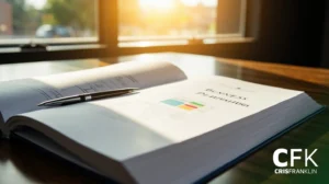 Um plano de negócios aberto com gráficos e uma caneta descansa em uma mesa perto de uma janela ensolarada. O logotipo "CFK CRIS FRANKLIN" aparece no canto inferior direito.