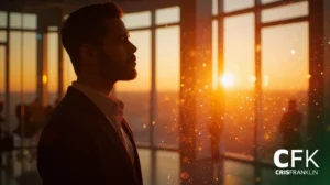Um homem de terno está de perfil próximo a grandes janelas, olhando para um pôr do sol com partículas brilhantes no ar. As letras "CFK" e "Cris Franklin" estão no canto inferior direito.