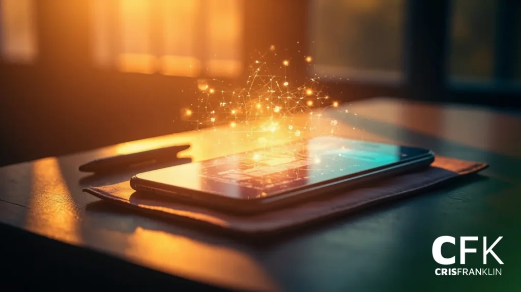 Um smartphone repousa sobre uma mesa, exibindo gráficos de rede digital brilhantes acima da tela, com uma caneta por perto e a luz quente do sol entrando.